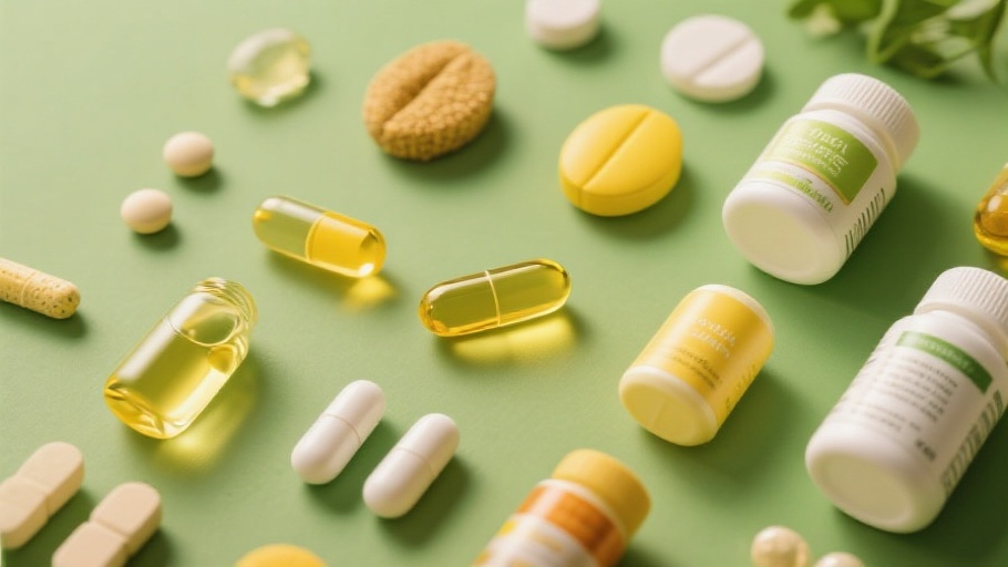 Assorted vitamin bottles and softgels